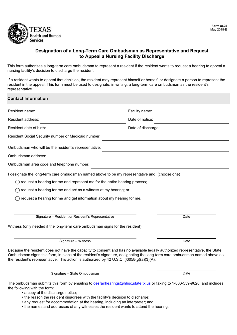 Form 8525 Designation of a Long-Term Care Ombudsman as Representative and Request to Appeal a Nursing Facility Discharge - Texas, Page 1