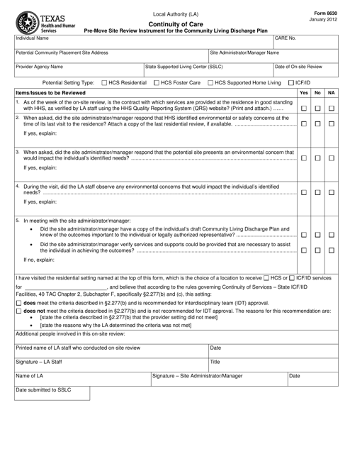 Form 8630 Continuity of Care - Texas