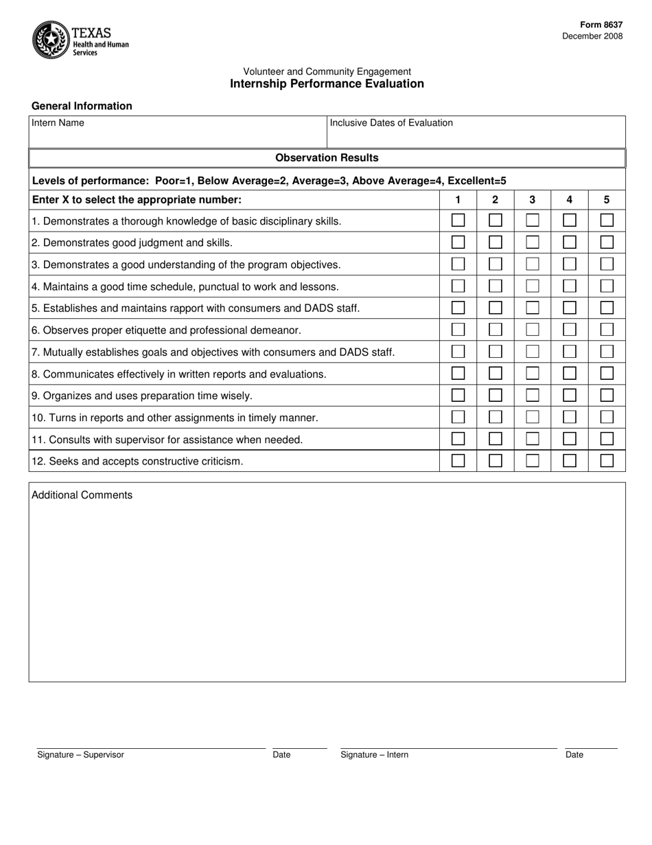 Form 8637 Internship Performance Evaluation - Texas, Page 1