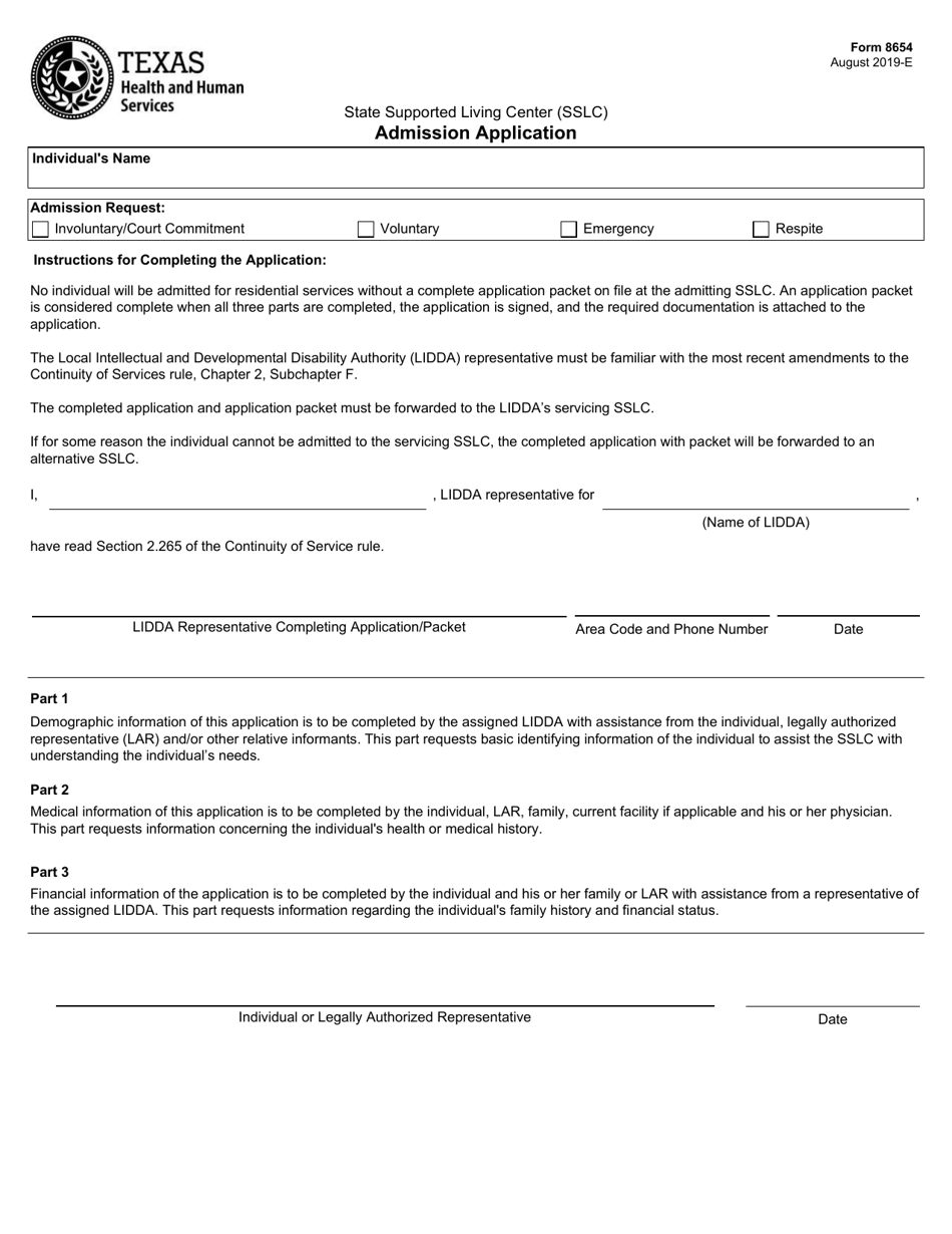 Form 8654 State Supported Living Center (Sslc) Admission Application - Texas, Page 1