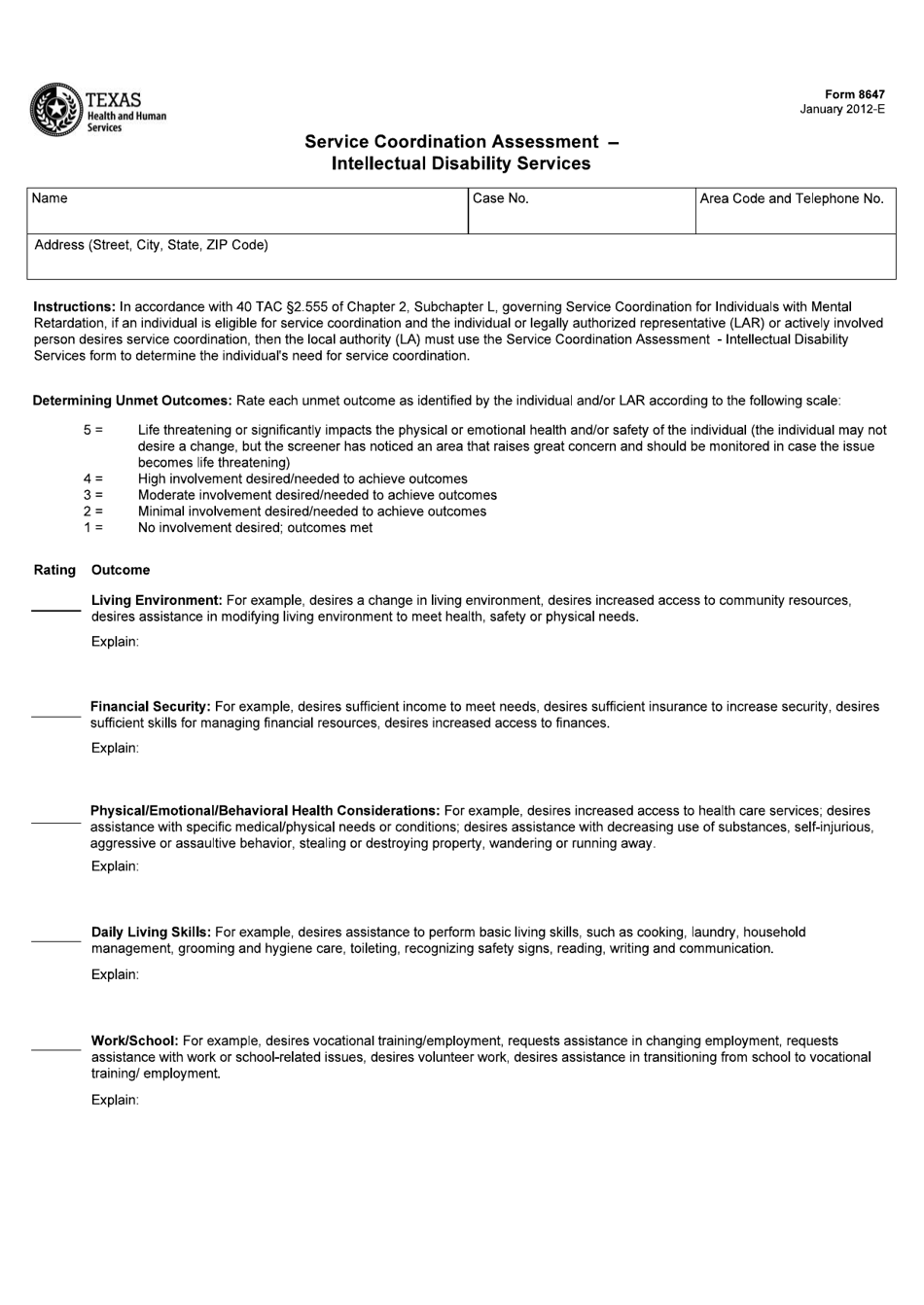 Form 8647 Service Coordination Assessment - Intellectual Disability Services - Texas, Page 1