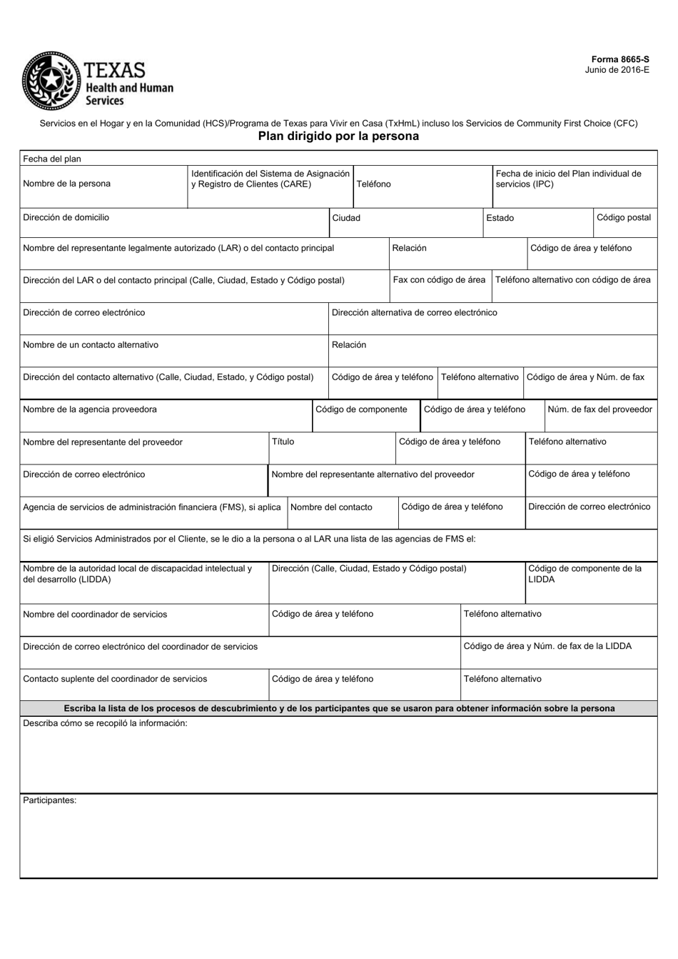 Formulario 8665-S Plan Dirigido Por La Persona - Texas (Spanish), Page 1