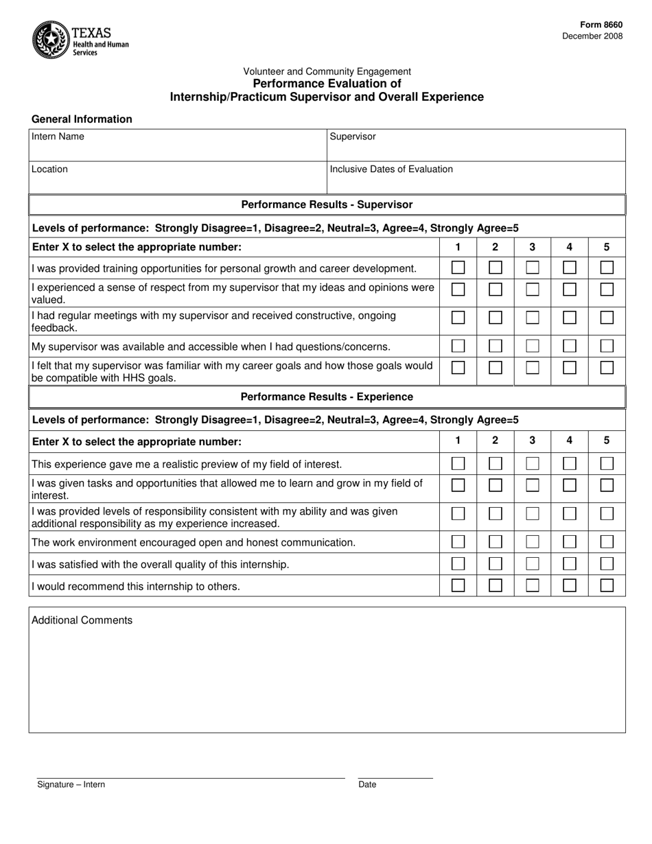 Form 8660 Performance Evaluation of Internship / Practicum Supervisor and Overall Experience - Texas, Page 1