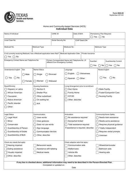 Form 8665-ID Individual Data - Texas