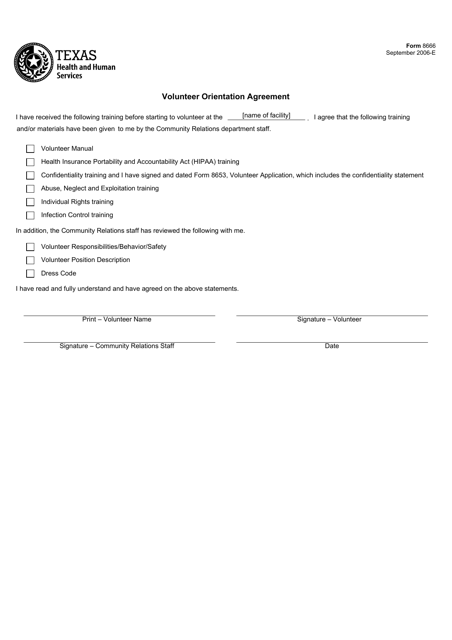Form 8666 Volunteer Orientation Agreement - Texas
