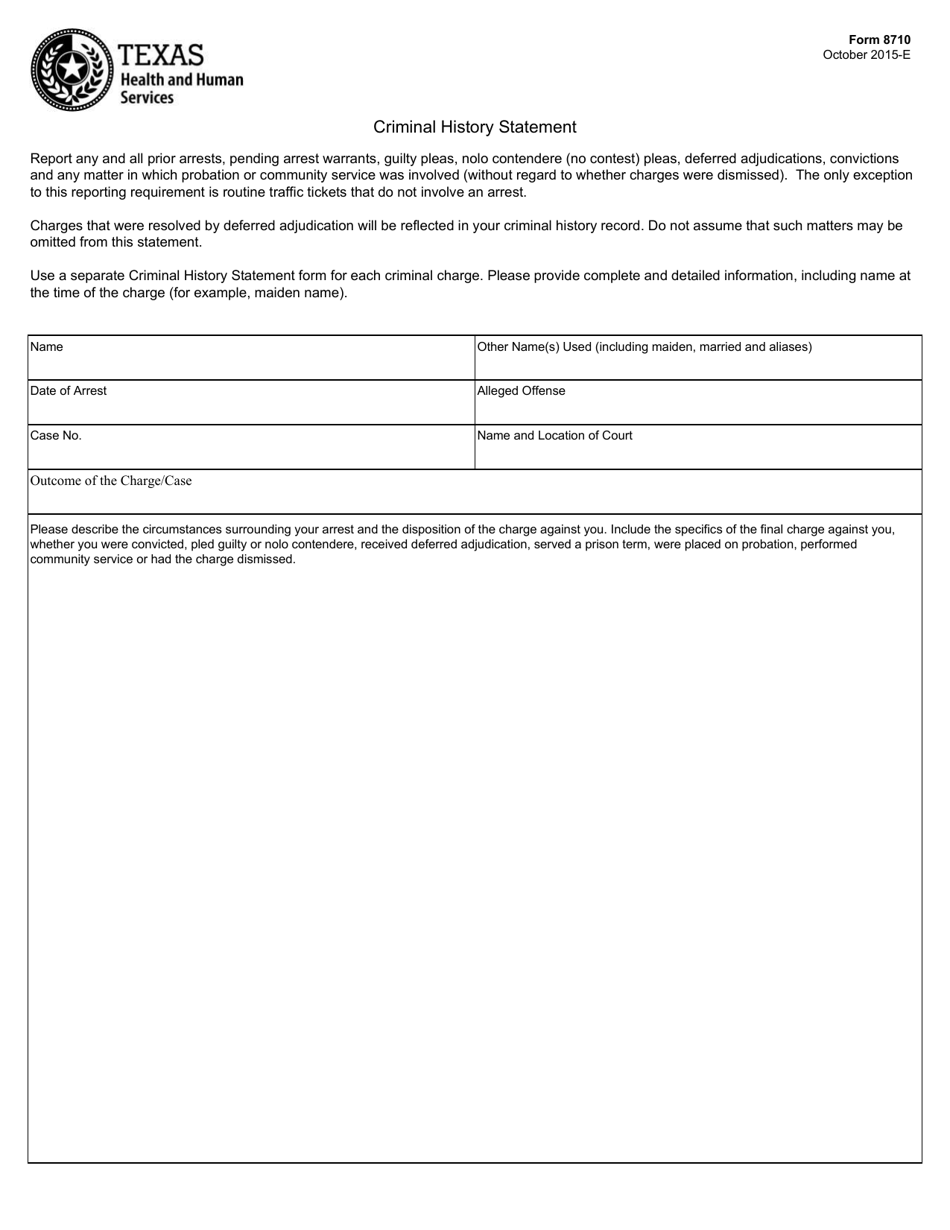 Form 8710 Criminal History Statement - Texas, Page 1