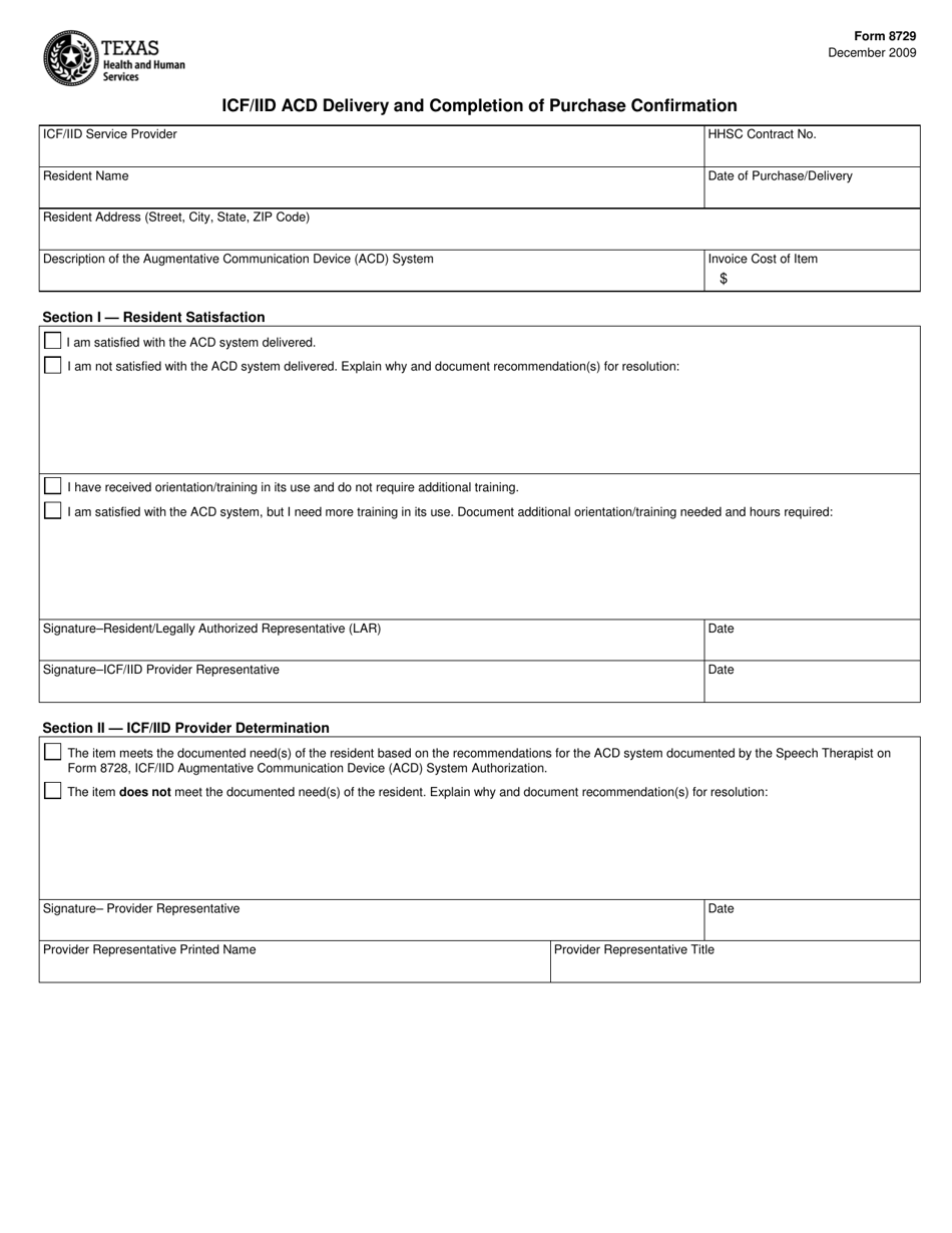 Form 8729 Icf / Iid Acd Delivery and Completion of Purchase Confirmation - Texas, Page 1