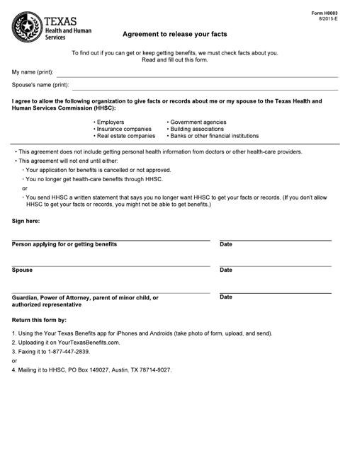 Form H0003 Agreement to Release Your Facts - Texas