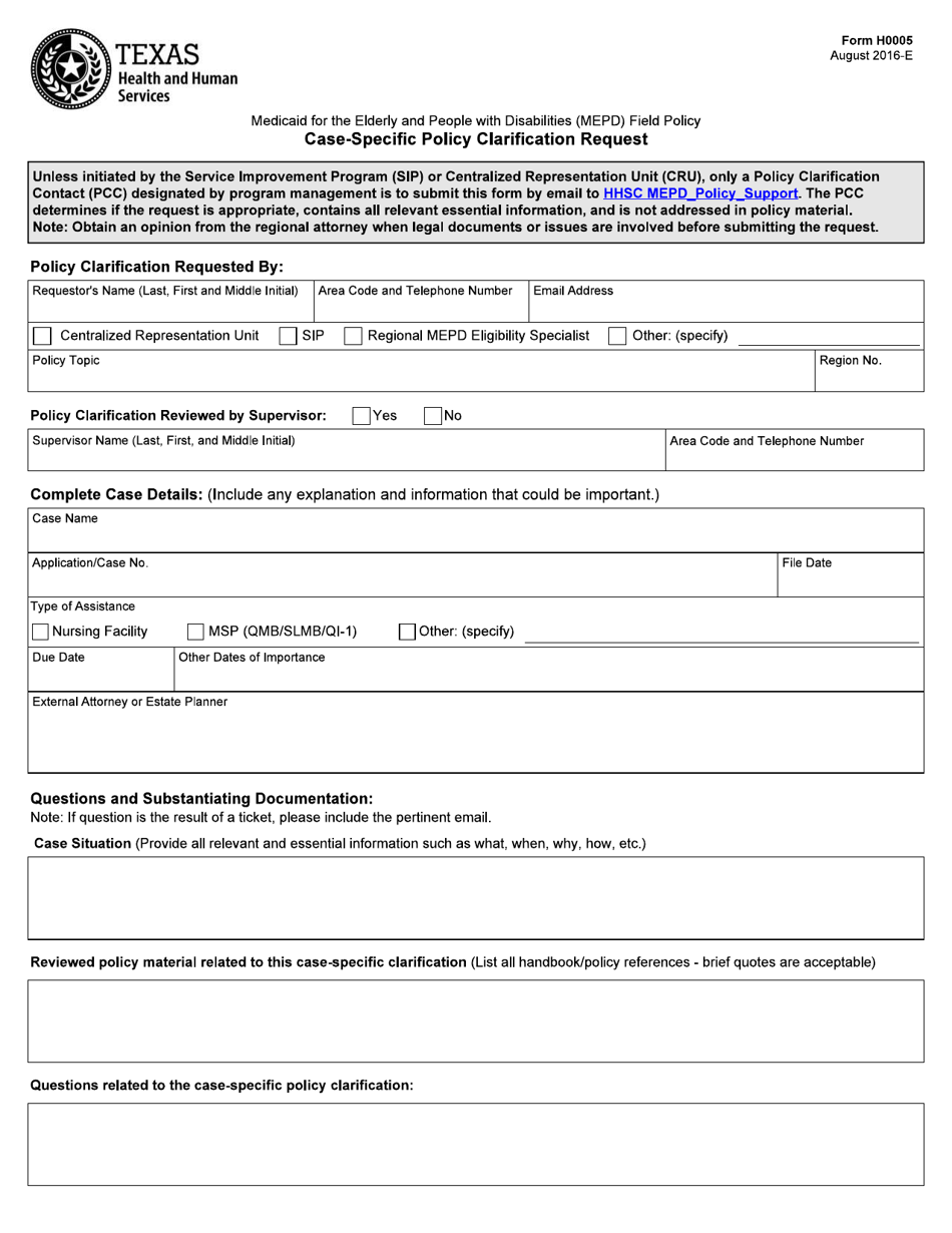 Form H0005 Case-Specific Policy Clarification Request - Texas, Page 1
