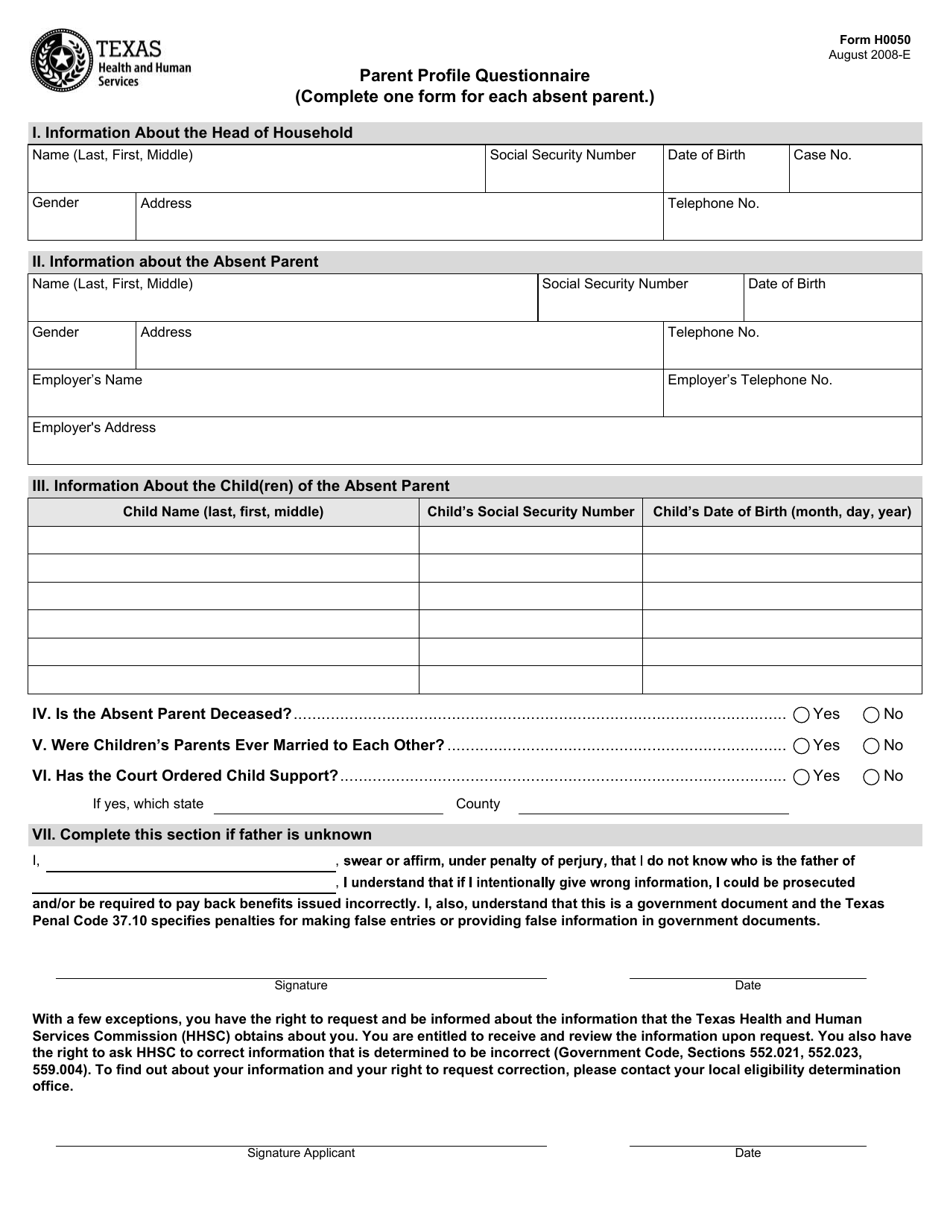 Form H0050 Parent Profile Questionnaire - Texas, Page 1