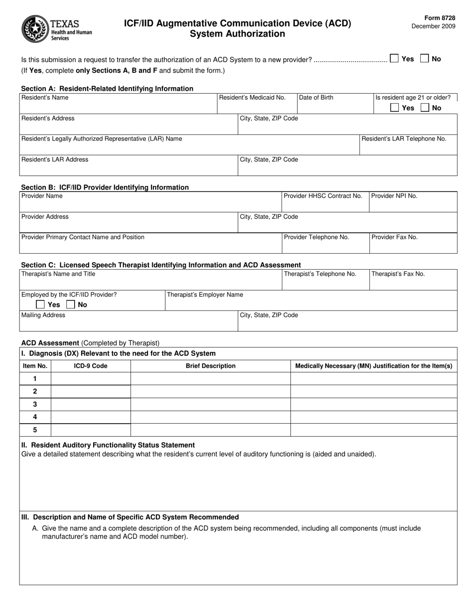 Form 8728 Icf / Iid Augmentative Communication Device (Acd) System Authorization - Texas, Page 1
