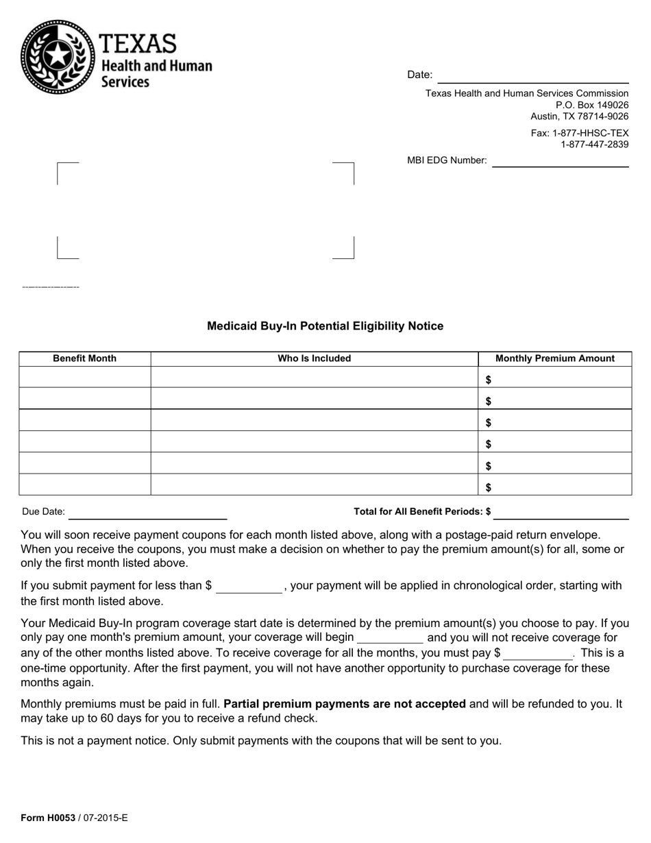 Form H0053 Medicaid Buy-In Potential Eligibility Notice - Texas, Page 1