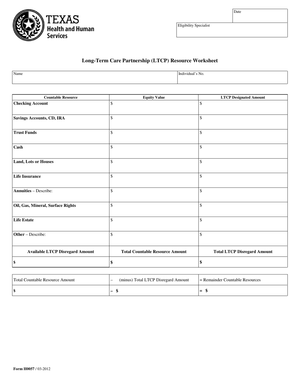 Form H0057 Long-Term Care Partnership (Ltcp) Resource Worksheet - Texas, Page 1