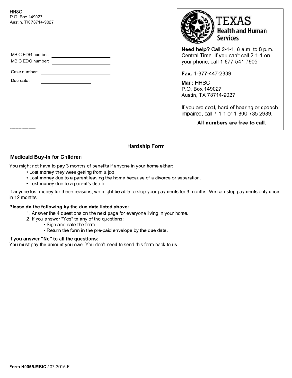 Form H0065-MBIC Hardship Form (Medicaid Buy-In for Children) - Texas, Page 1