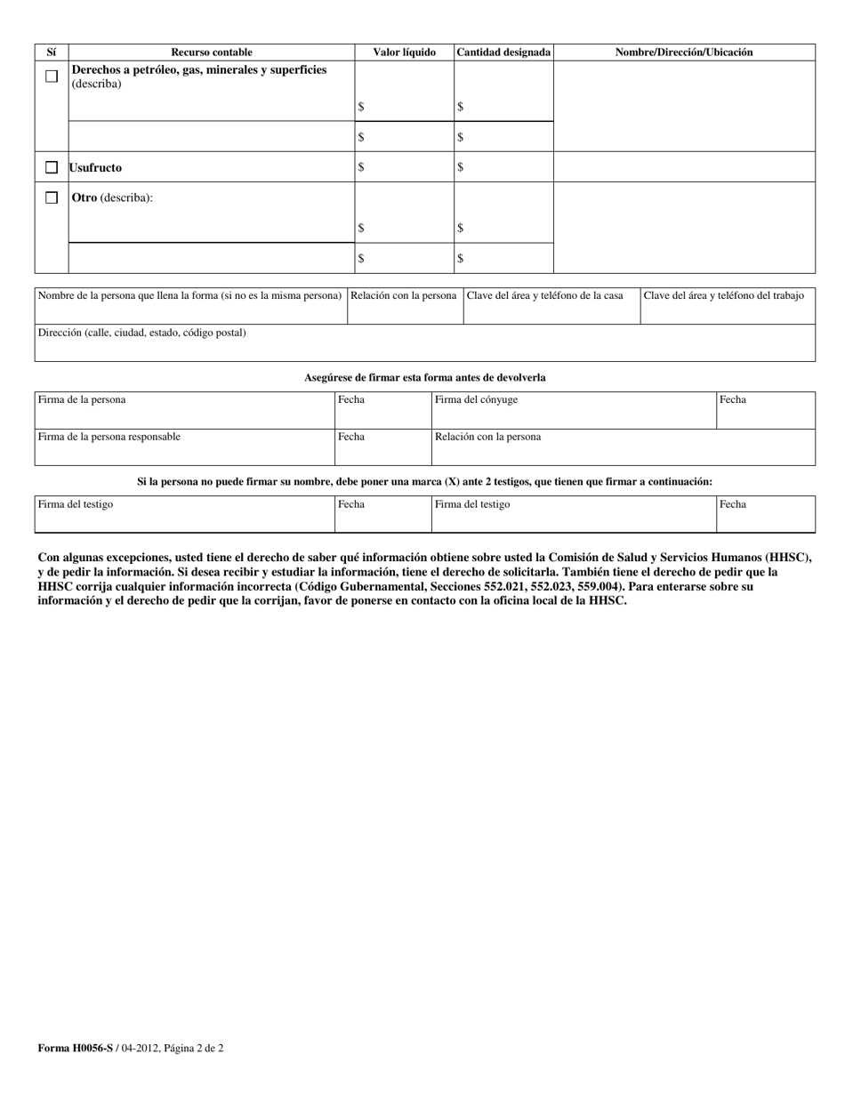 Formulario H0056-S Notice of Opportunity to Designate Countable Resources - Texas (Spanish), Page 2