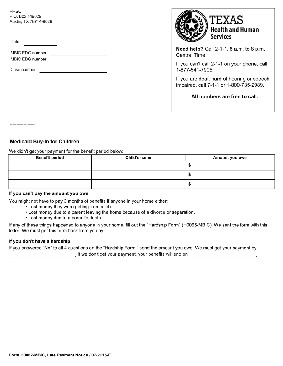 Form H0062-MBIC Late Payment Notice - Texas, Page 1