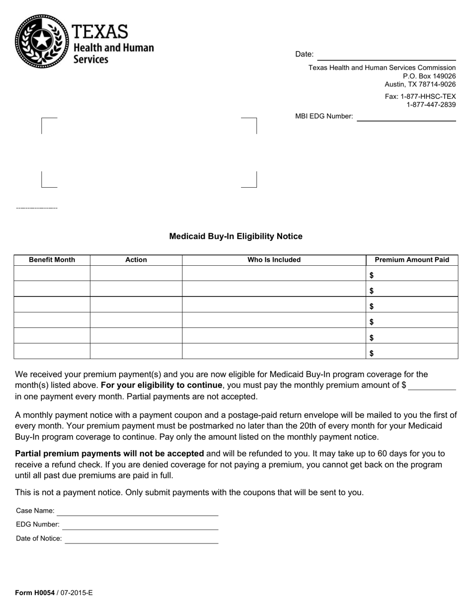 Form H0054 Medicaid Buy-In Eligibility Notice - Texas, Page 1