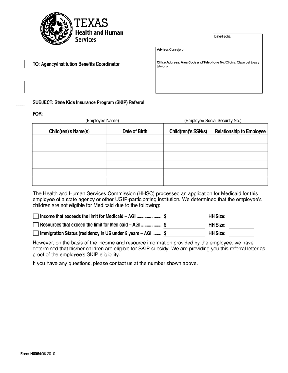 Form H0064 State Kids Insurance Program (Skip) Referral - Texas, Page 1