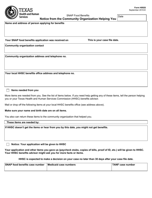 Form H0920 Notice From the Community Organization Helping You - Texas