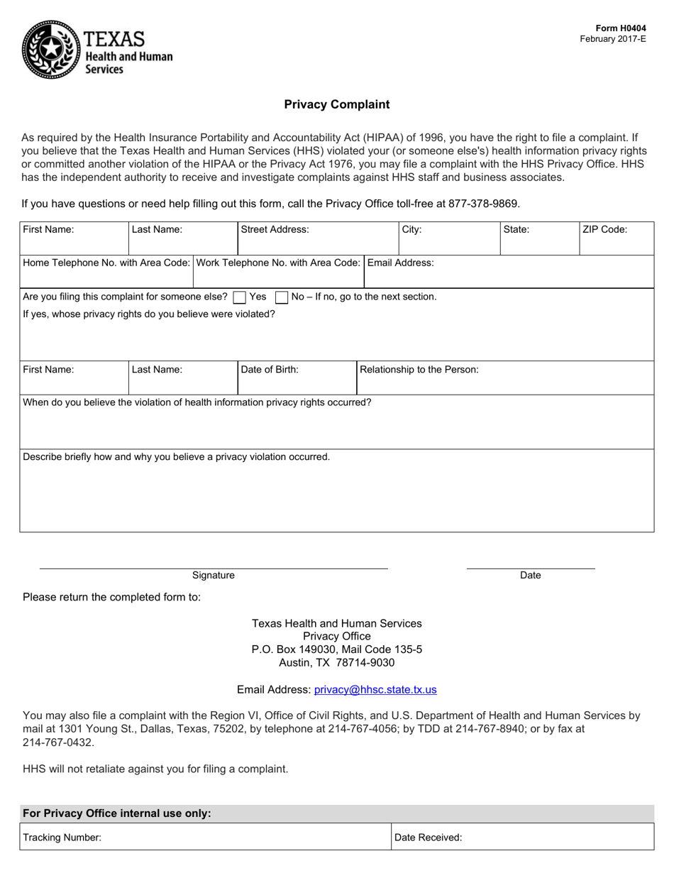Form H0404 Privacy Complaint - Texas, Page 1