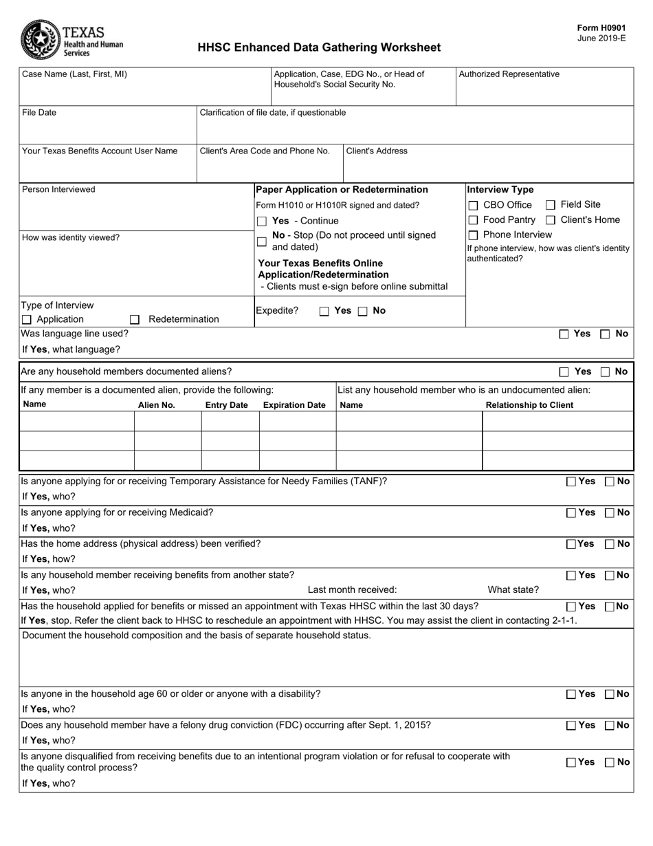 Form H0901 Hhsc Enhanced Data Gathering Worksheet - Texas, Page 1