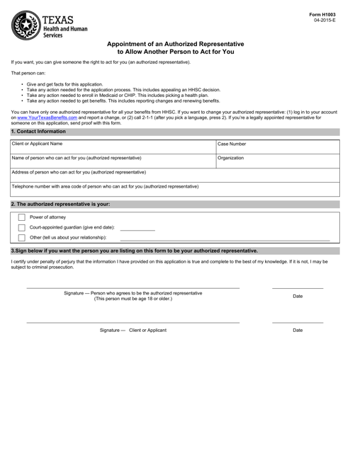 Form H1003 Appointment Of An Authorized Representative To Allow Another Person To Act For You Texas Big 