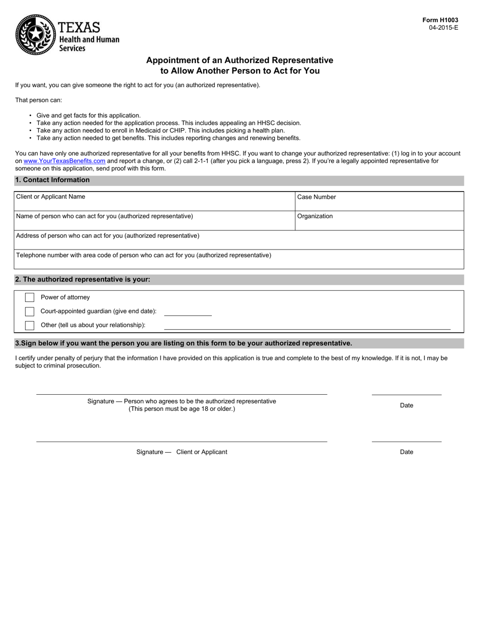 Form H1003 Appointment of an Authorized Representative to Allow Another Person to Act for You - Texas, Page 1