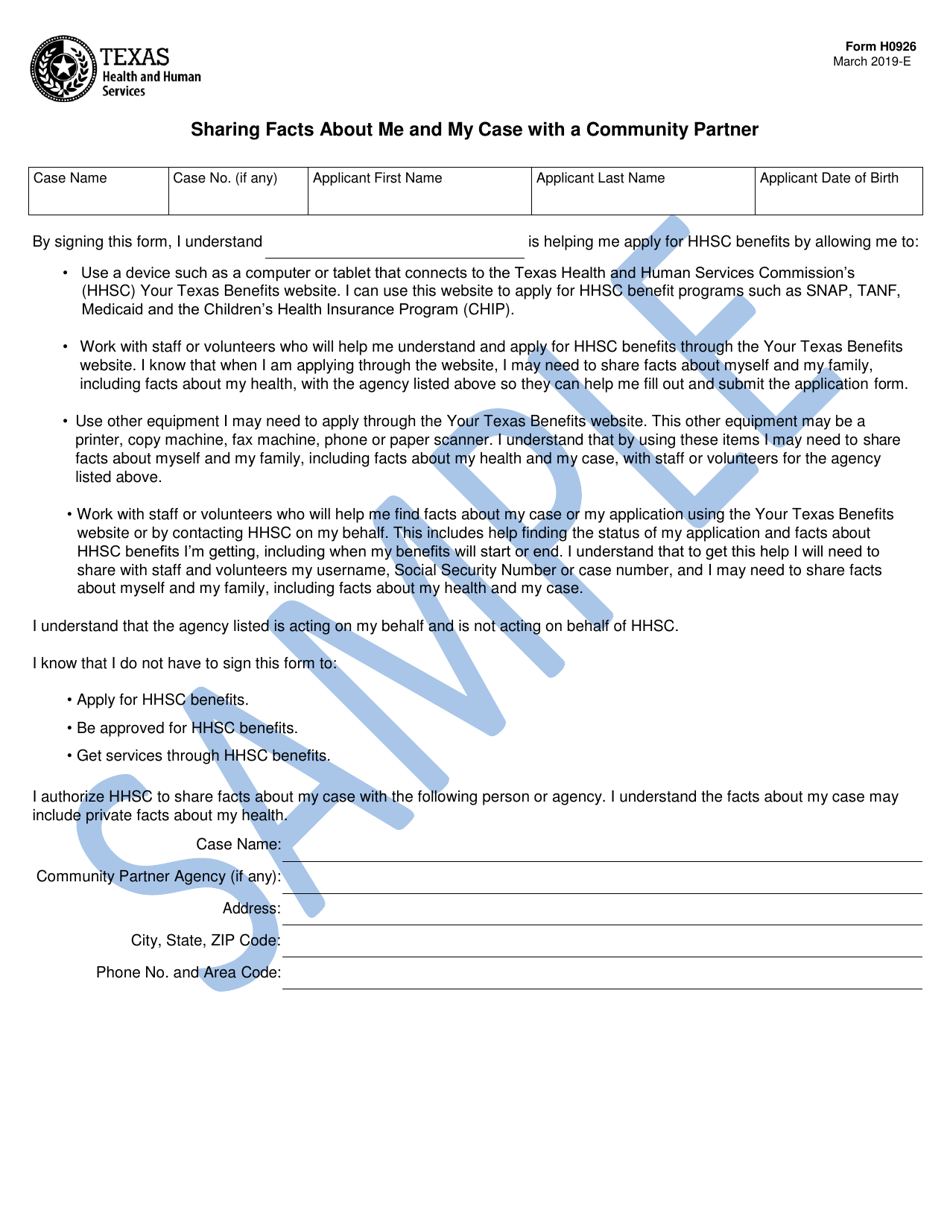 Form H0926 Sharing Facts About Me and My Case With a Community Partner - Texas, Page 1