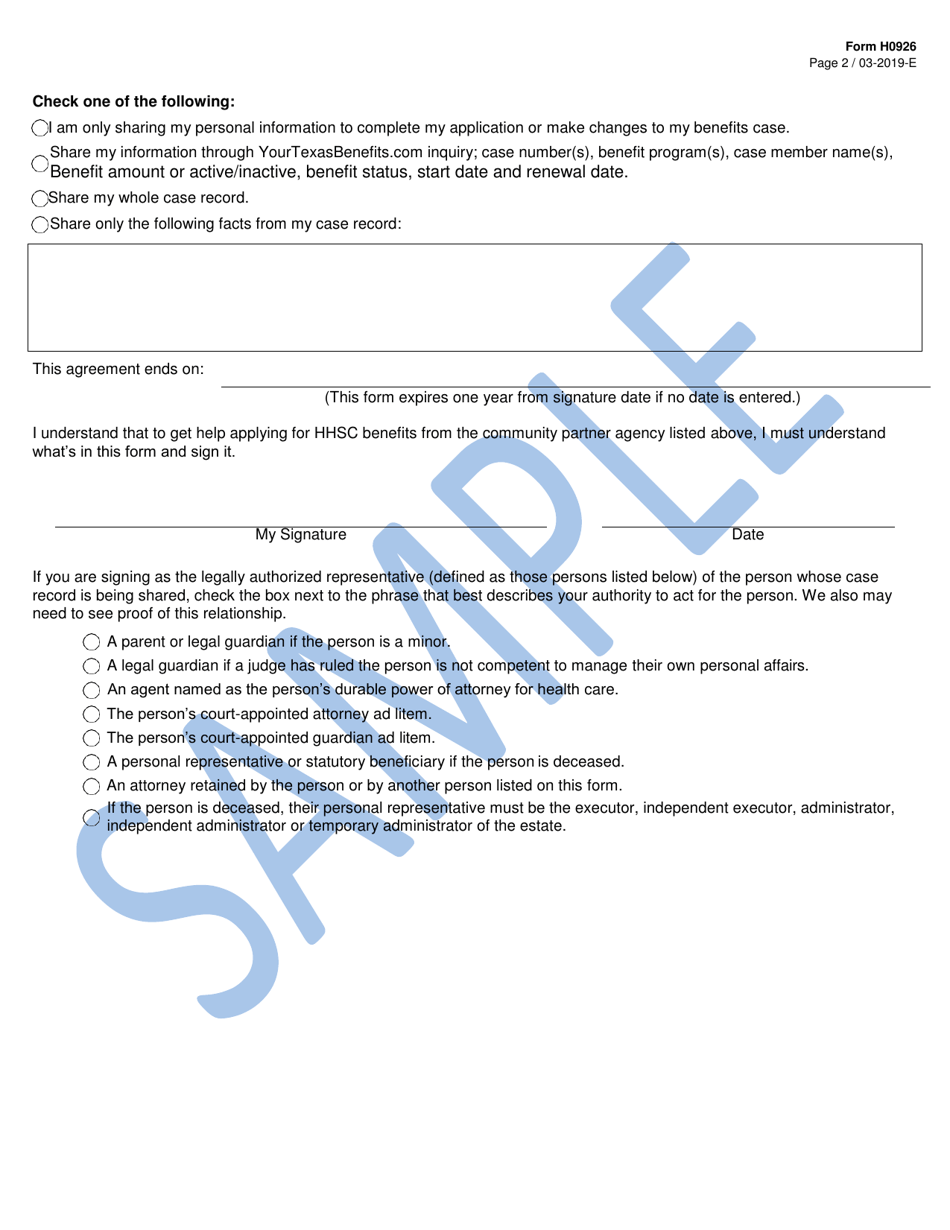 Form H0926 Sharing Facts About Me and My Case With a Community Partner - Texas, Page 2