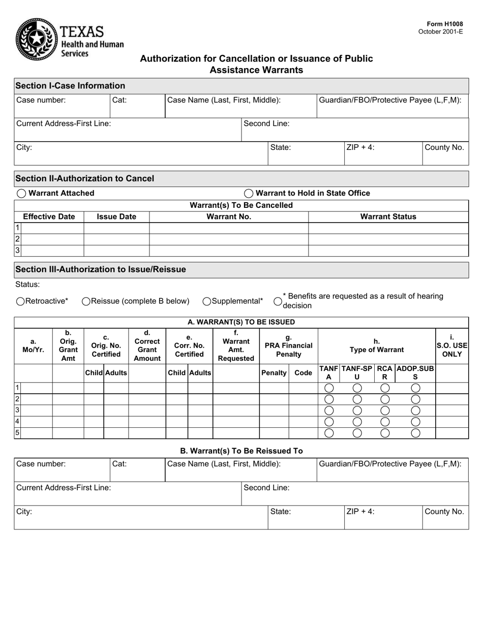 Form H1008 Authorization for Cancellation or Issuance of Public Assistance Warrants - Texas, Page 1