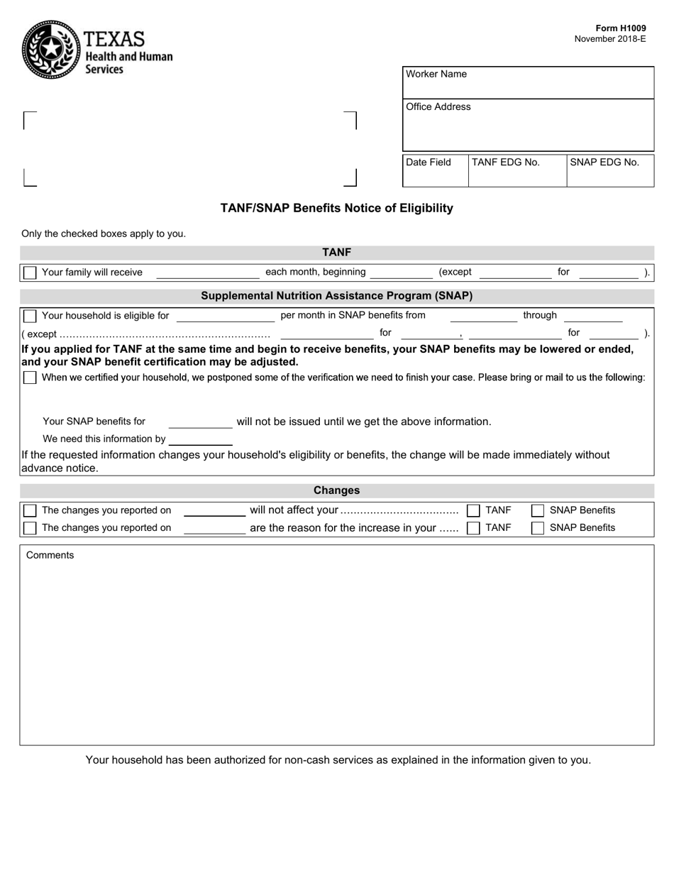 Form H1009 TANF / Snap Benefits Notice of Eligibility - Texas, Page 1
