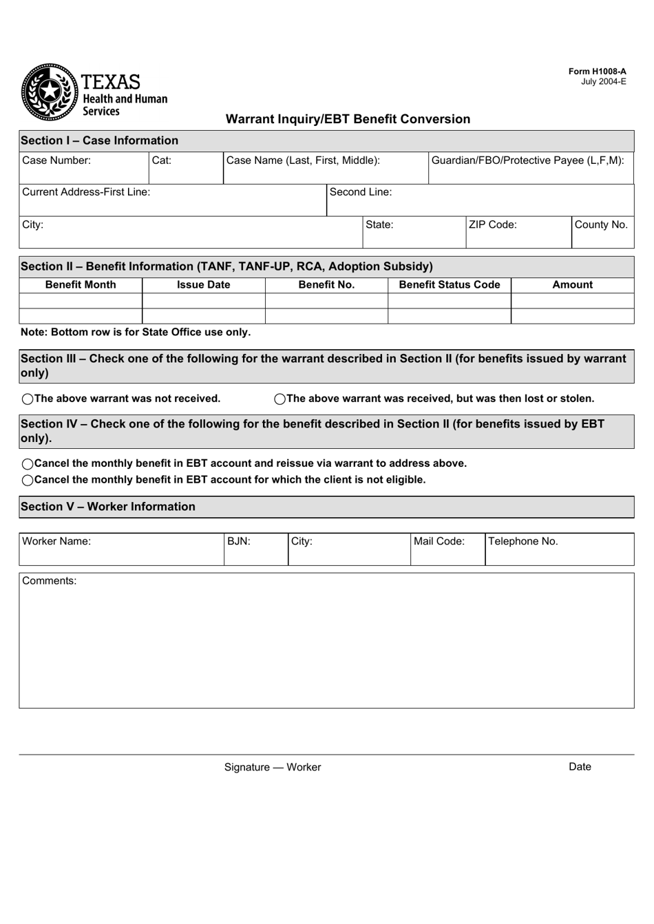Form H1008-A Warrant Inquiry / Ebt Benefit Conversion and Affidavit for Non-receipt of Warrant - Texas, Page 1