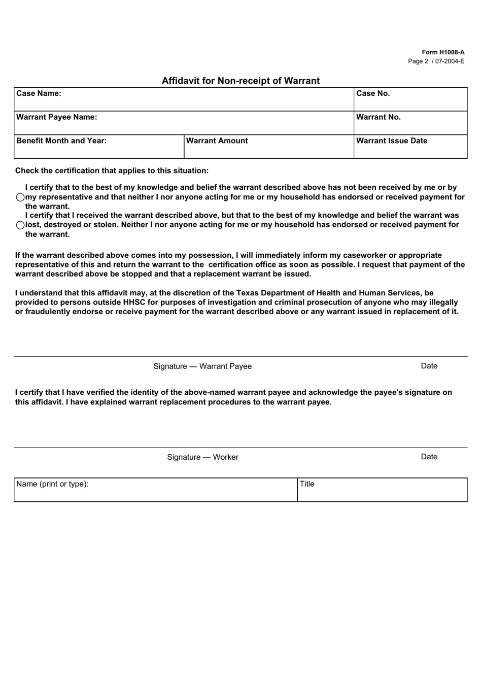Form H1008-A Warrant Inquiry / Ebt Benefit Conversion and Affidavit for Non-receipt of Warrant - Texas, Page 2