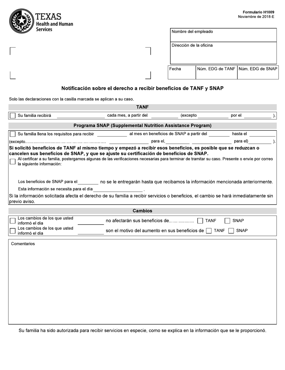 Formulario H1009-S Notificacion Sobre El Derecho a Recibir Beneficios De TANF Y Snap - Texas (Spanish), Page 1