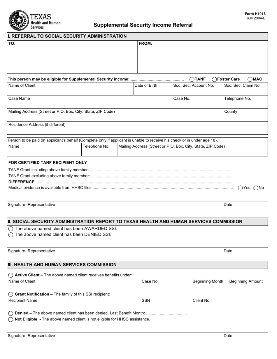 Form H1016 Supplemental Security Income Referral - Texas, Page 1