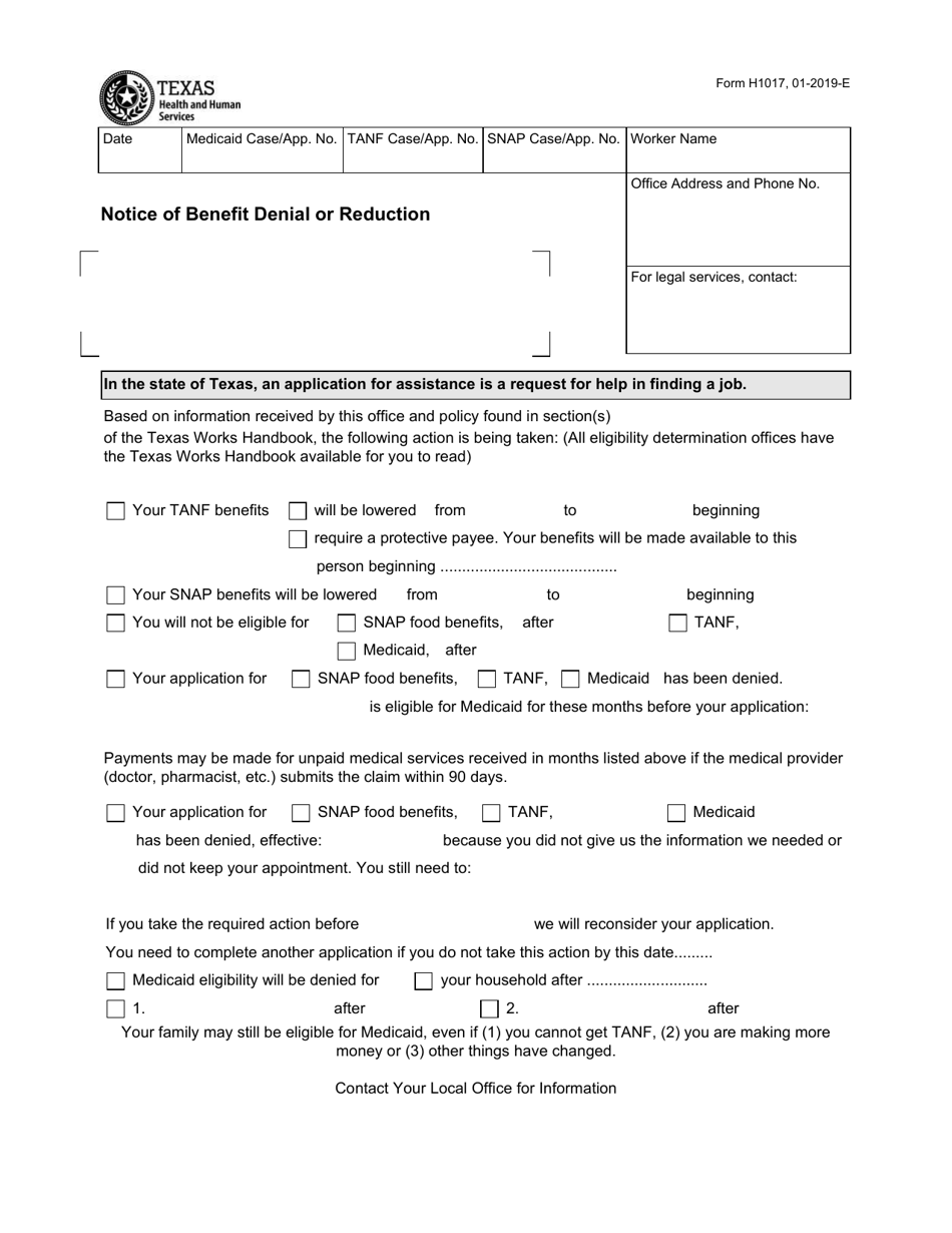 Form H1017 Notice of Benefit Denial or Reduction - Texas, Page 1