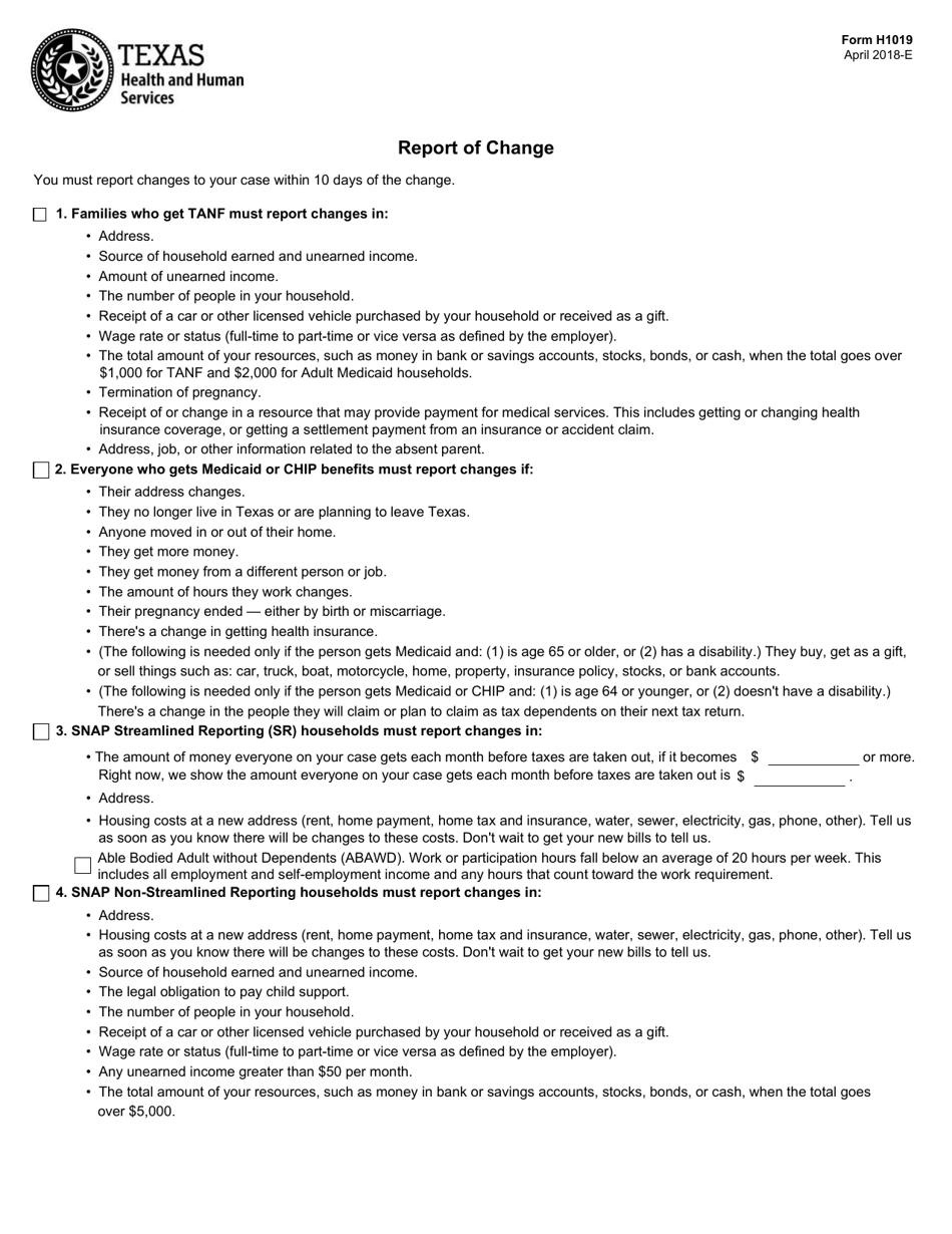 Form H1019 Report of Change - Texas, Page 1