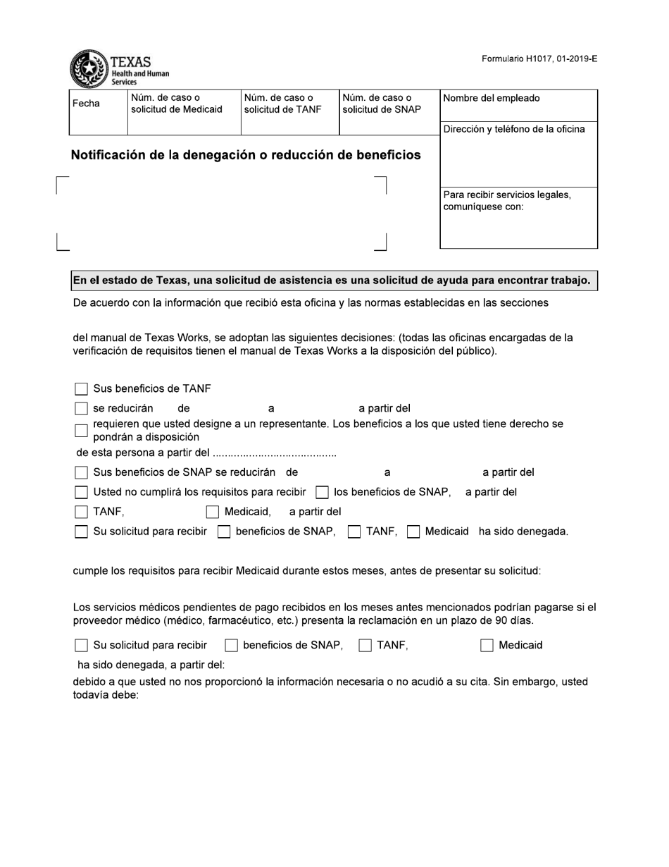 Formulario H1017-S Notificacion De La Denegacion O Reduccion De Beneficios - Texas (Spanish), Page 1