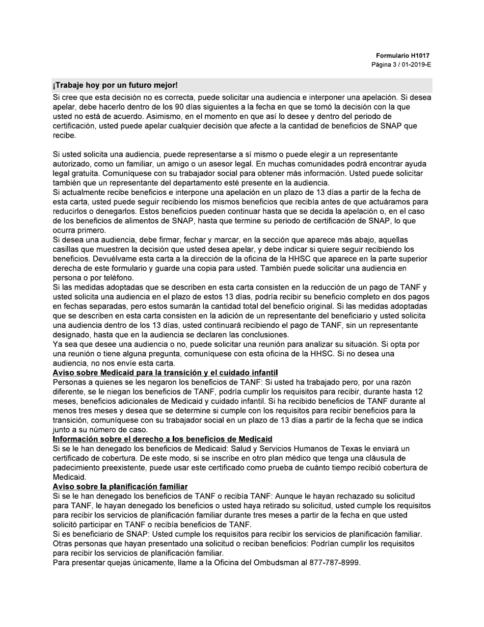 Formulario H1017-S Notificacion De La Denegacion O Reduccion De Beneficios - Texas (Spanish), Page 3