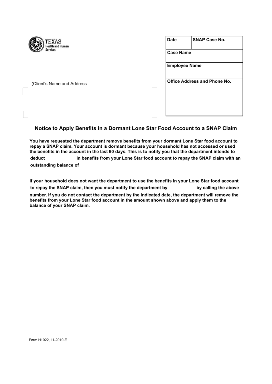 Form H1022 Notice to Apply Benefits in a Dormant Lone Star Food Account to a Snap Claim - Texas, Page 1