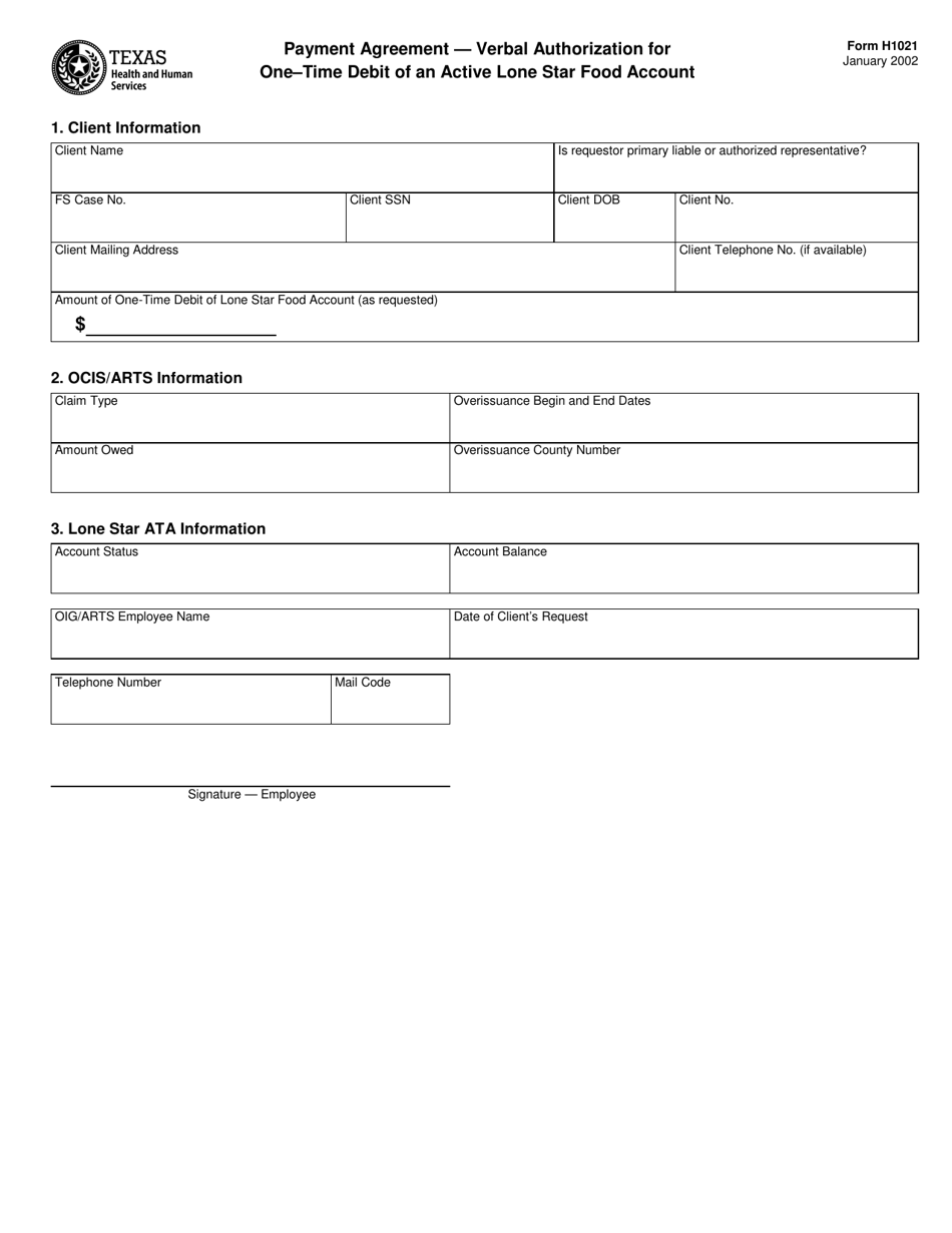 Form H1021 Payment Agreement - Verbal Authorization for One-Time Debit of an Active Lone Star Food Account - Texas, Page 1
