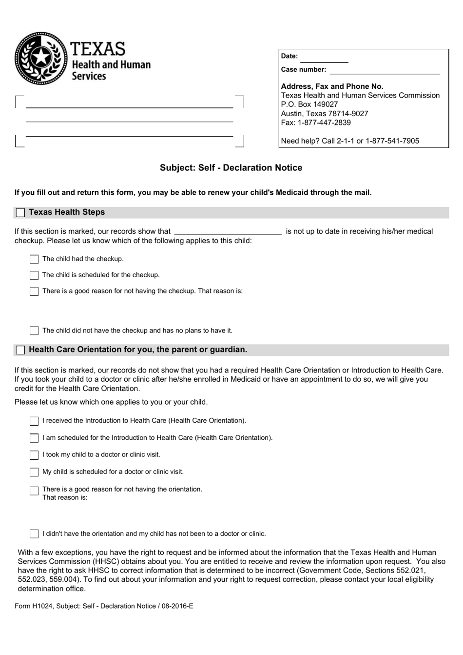Form H1024 Subject: Self - Declaration Notice - Texas, Page 1
