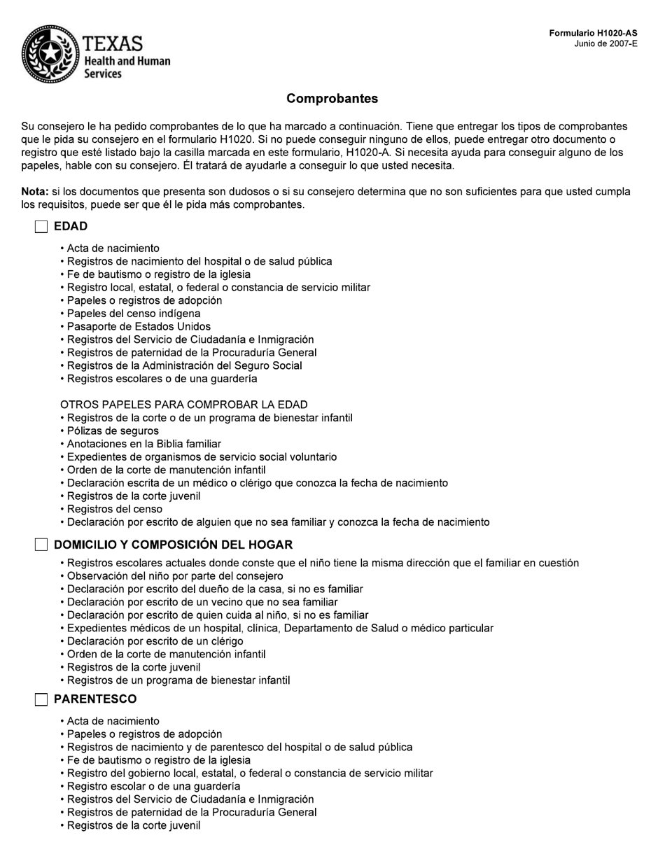 Formulario H1020-AS Comprobantes - Texas (Spanish), Page 1