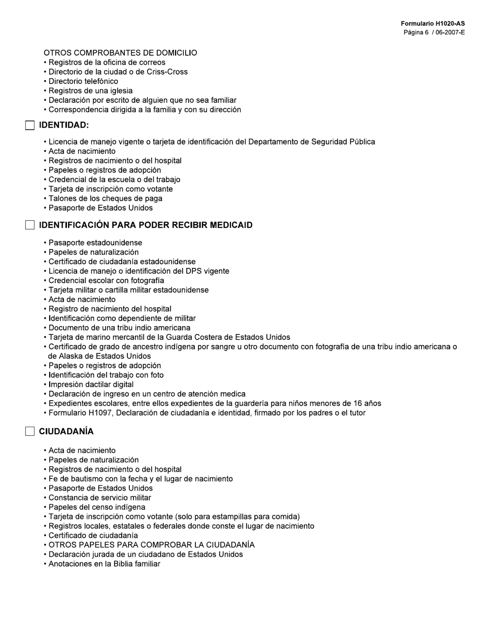 Formulario H1020-AS Comprobantes - Texas (Spanish), Page 6