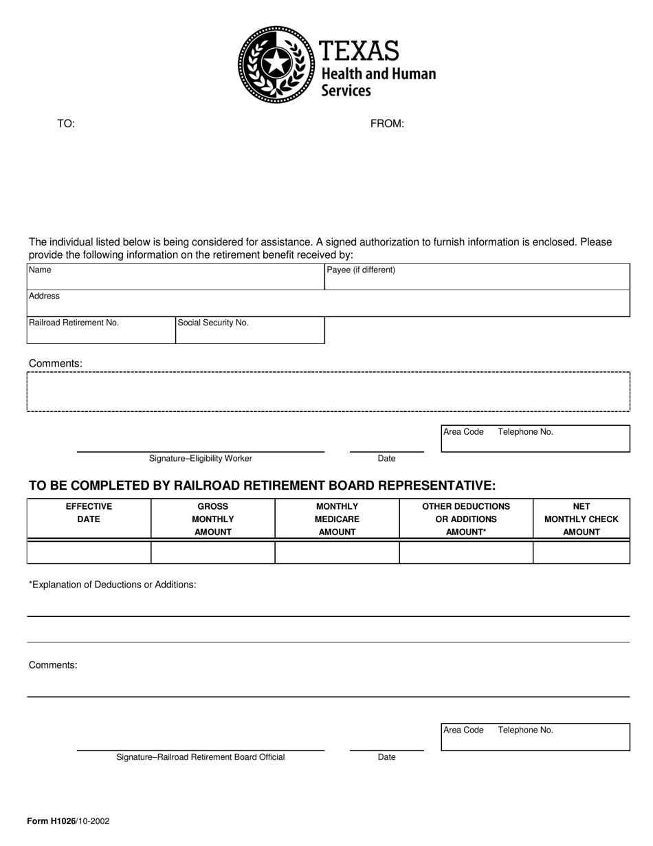 Form H1026 Verification of Railroad Retirement Benefits - Texas, Page 1
