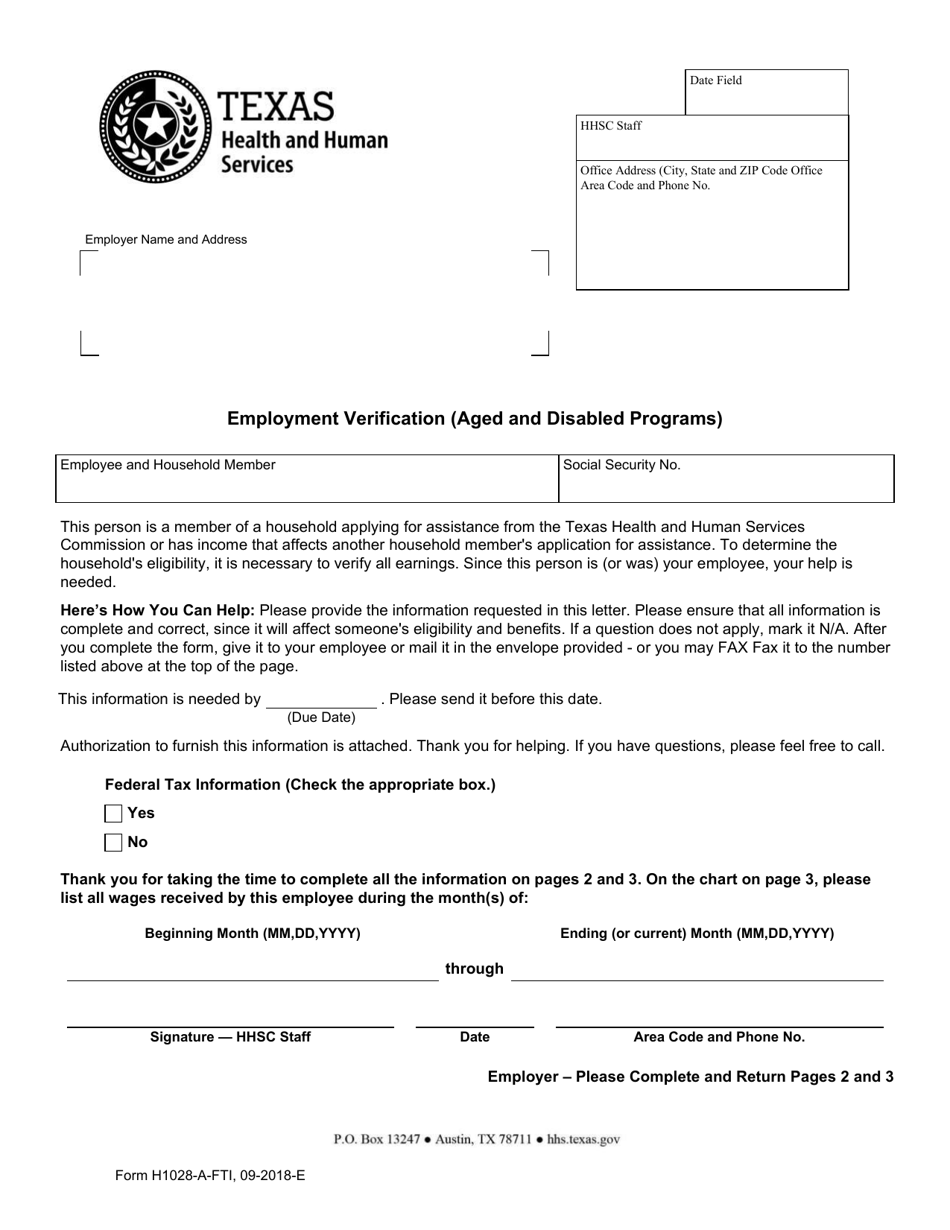 Form H1028-A-FTI Employment Verification (Aged and Disabled Programs) - Texas, Page 1