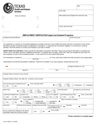 Document preview: Form H1028-A Employment Verification (Aged and Disabled Programs) - Texas