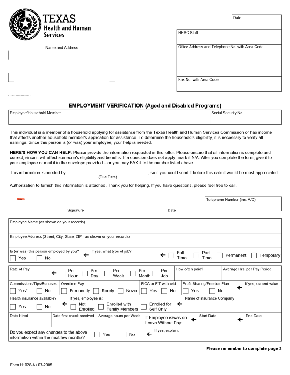 Form H1028-A Employment Verification (Aged and Disabled Programs) - Texas, Page 1