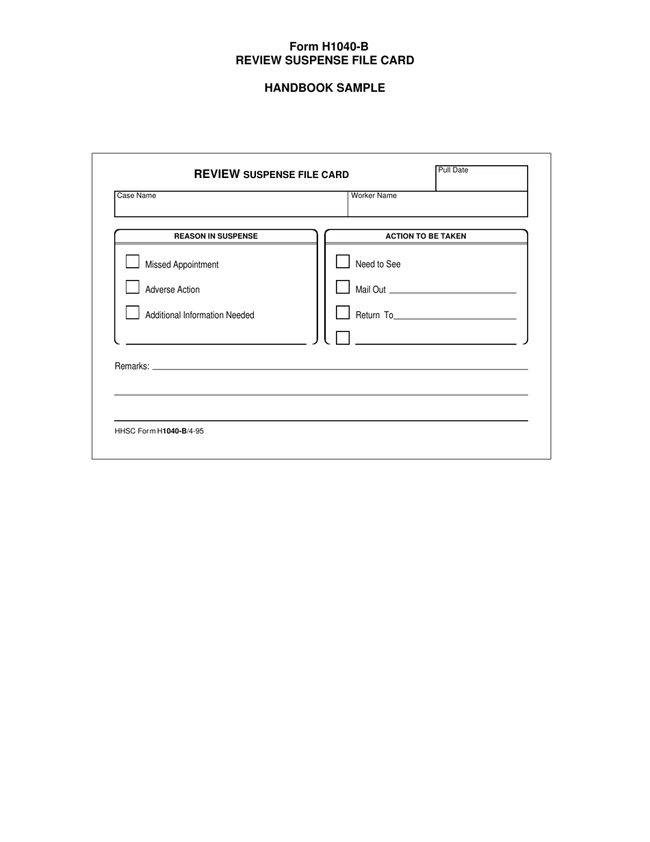 Form H1040-B Review Suspense File Card - Texas, Page 1