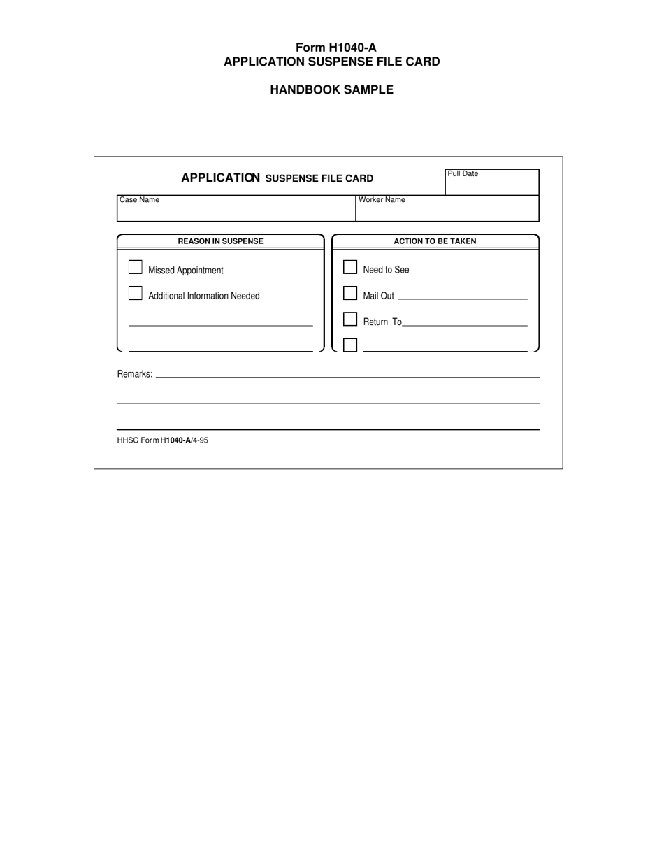 HHSC Form H1040-A Application Suspense File Card - Texas, Page 1
